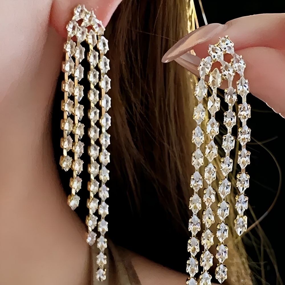 Exaggerated bohemian zirconia fringe earrings; NWOT